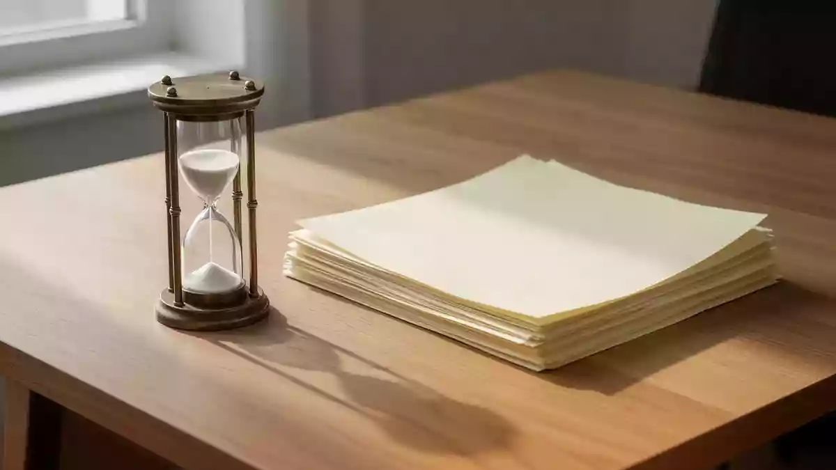 Ein hölzerner Schreibtisch mit einer Sanduhr und einem Stapel leerer Papiere im sanften Morgenlicht. Illustration mit AI erstellt.