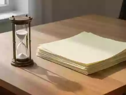 Ein hölzerner Schreibtisch mit einer Sanduhr und einem Stapel leerer Papiere im sanften Morgenlicht. - Foto: über boerse-global.de