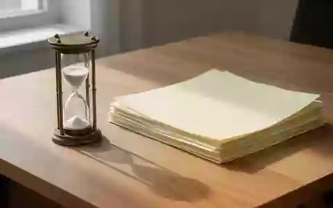 Ein hölzerner Schreibtisch mit einer Sanduhr und einem Stapel leerer Papiere im sanften Morgenlicht. - Foto: über boerse-global.de