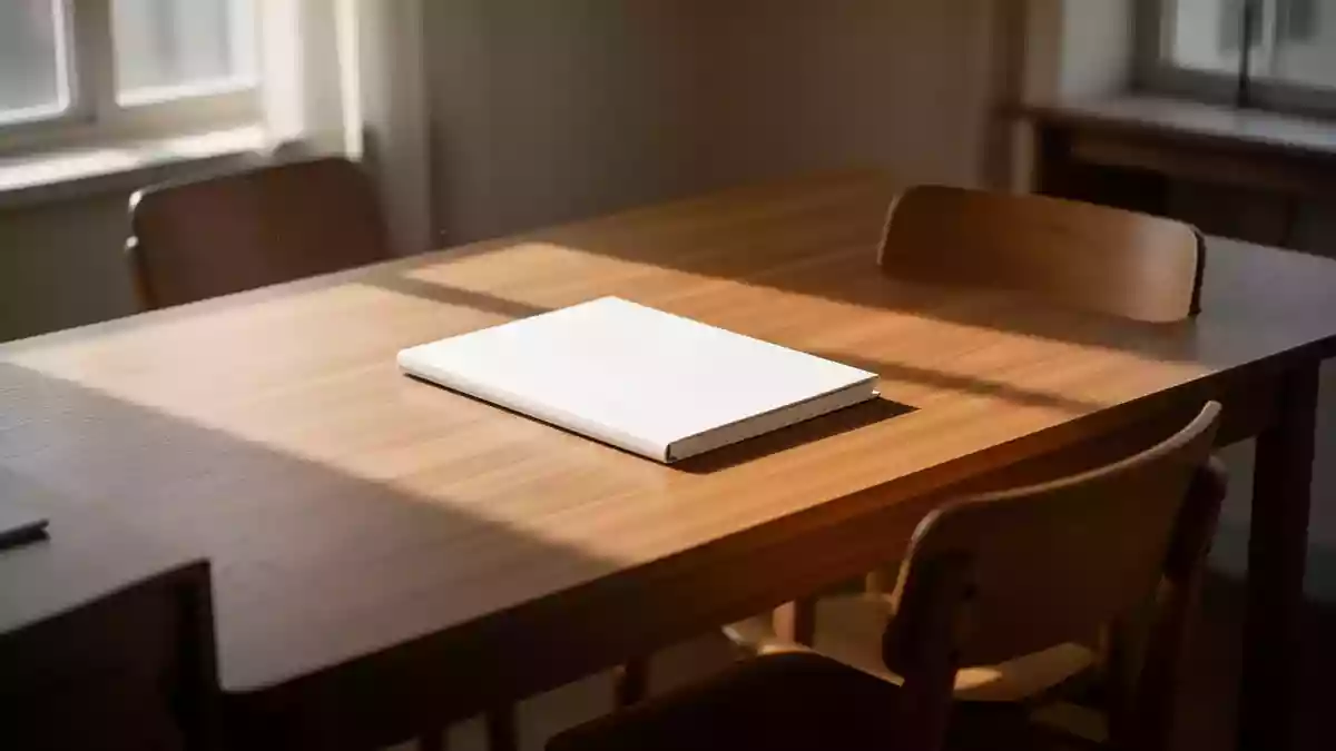 Ein minimalistischer Schreibtisch mit einem geschlossenen Notizbuch in einem hellen, ruhigen Raum. Illustration mit AI erstellt.