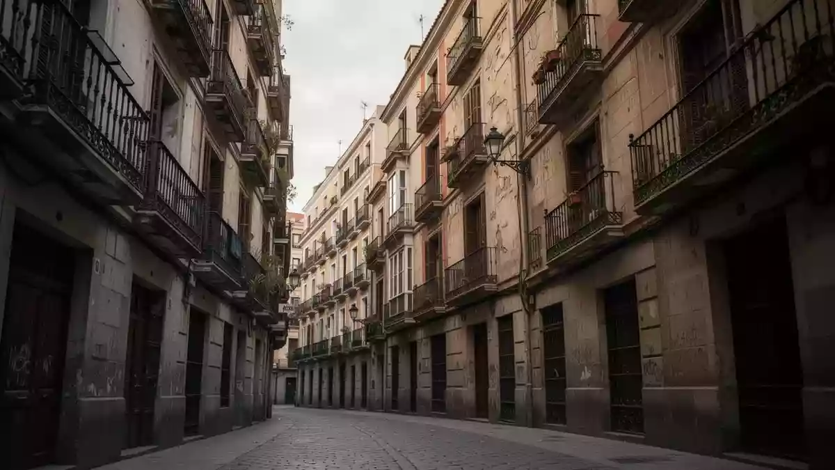 Traditionelle Wohnhausfassaden mit Balkonen in einer engen Gasse in Madrid bei bewölktem Himmel. Illustration mit AI erstellt.
