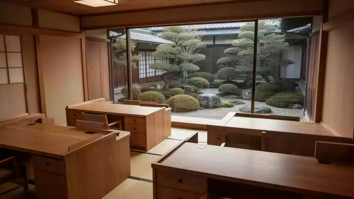 Ein minimalistisches, ruhiges Gemeindebüro in Japan mit leeren Holzschreibtischen und Blick auf einen gepflegten Garten. Illustration mit AI erstellt.