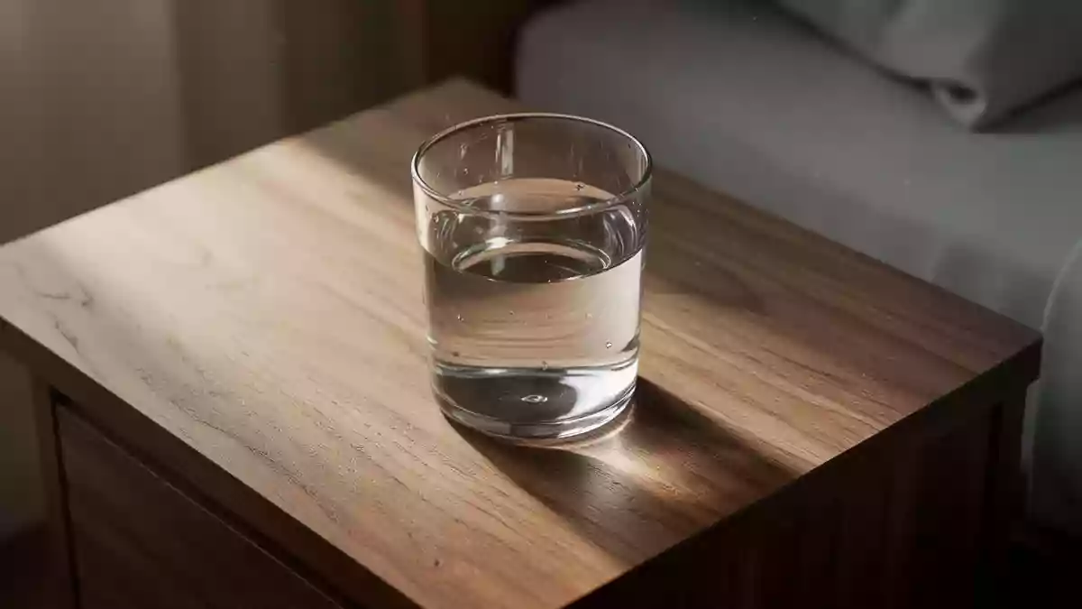 Ein Glas Wasser steht in sanftem Morgenlicht auf einem hölzernen Nachttisch. Illustration mit AI erstellt.
