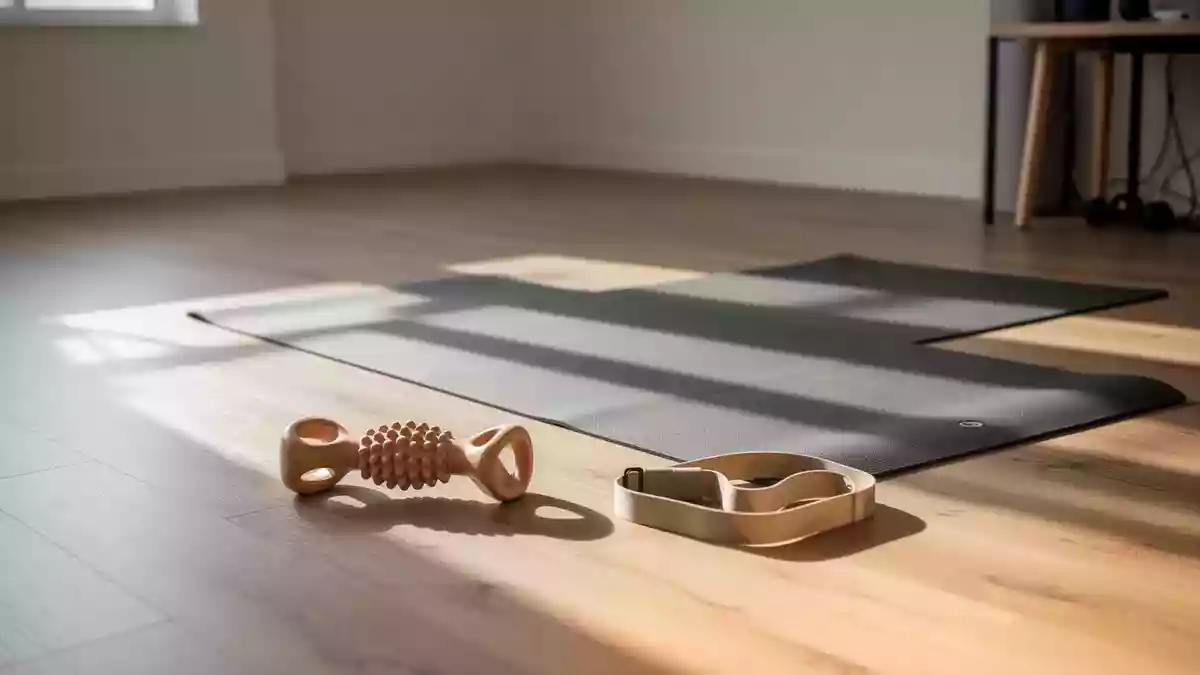 Ein minimalistischer Physiotherapieraum mit einer Yogamatte, einer Massagerolle und einem Widerstandsband auf einem Holzboden. Illustration mit AI erstellt.