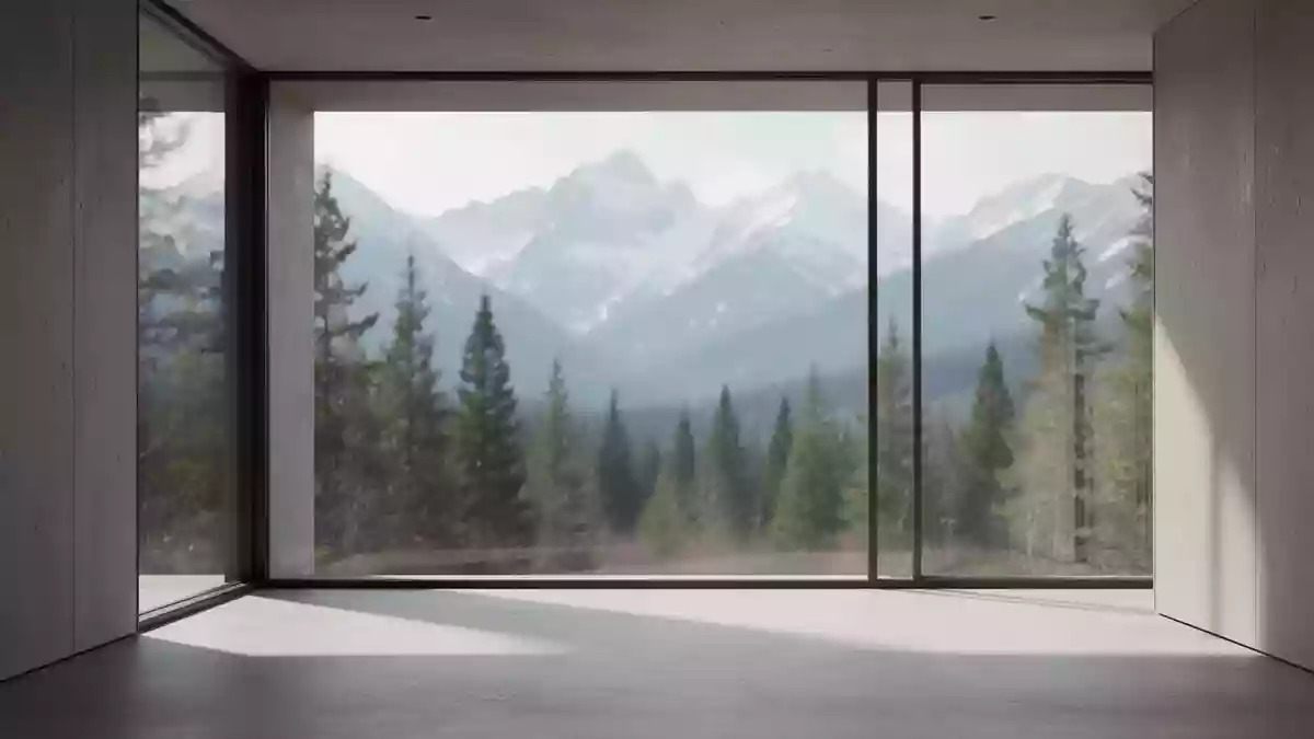 Ein minimalistischer, lichtdurchfluteter Raum mit Blick auf eine kanadische Berglandschaft. Illustration mit AI erstellt.