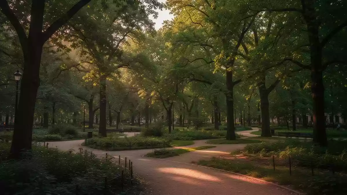 Ein üppiger, baumbestandener Stadtpark mit geschwungenen Wegen bei goldenem Licht. Illustration mit AI erstellt.