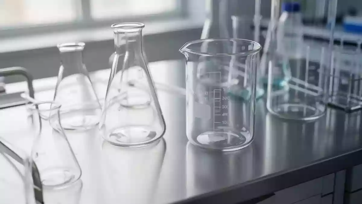 Medizinische Laborausstattung mit Glasbehältern auf einer Edelstahloberfläche in einer sterilen Umgebung. Illustration mit AI erstellt.