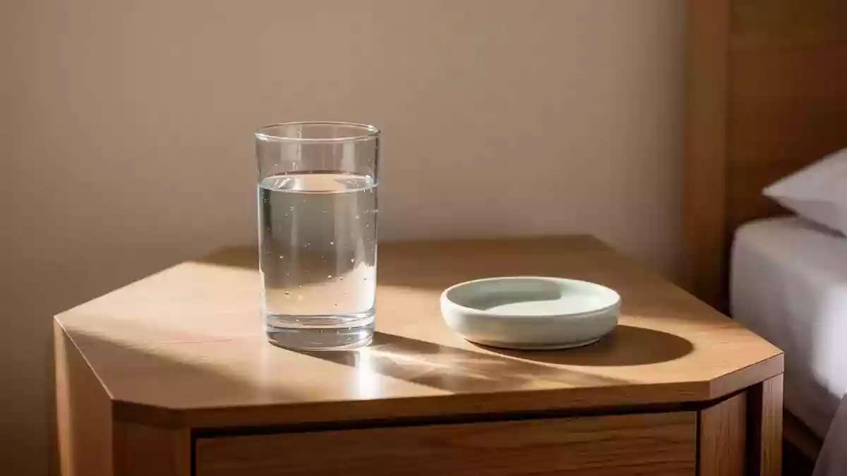 Ein Glas Wasser auf einem hölzernen Nachttisch in weichem Tageslicht. Illustration mit AI erstellt.