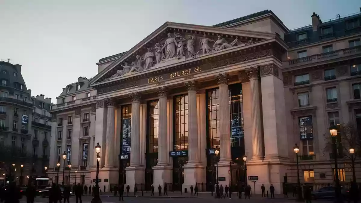 Die Fassade der Pariser Börse bei Dämmerung in einer professionellen Aufnahme. Illustration mit AI erstellt.