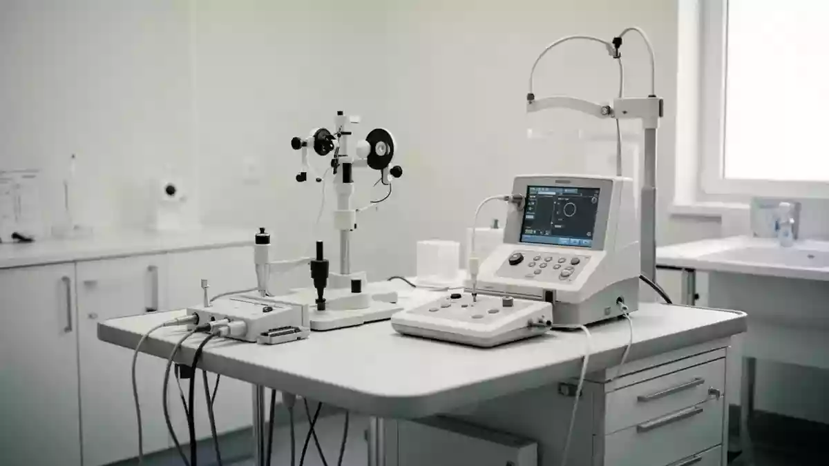 Ein steriler, leerer Untersuchungsraum in einer HNO-Praxis mit medizinischer Diagnostik-Ausstattung. Illustration mit AI erstellt.