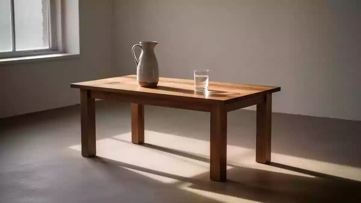 Ein minimalistischer, von sanftem Morgenlicht durchfluteter Raum mit einem Holztisch, einer Glaskaraffe und einem Glas Wasser. Illustration mit AI erstellt.