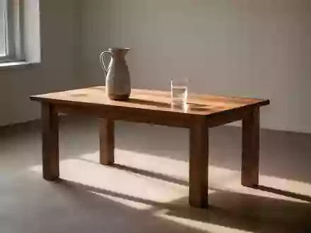 Ein minimalistischer, von sanftem Morgenlicht durchfluteter Raum mit einem Holztisch, einer Glaskaraffe und einem Glas Wasser. - Foto: über boerse-global.de