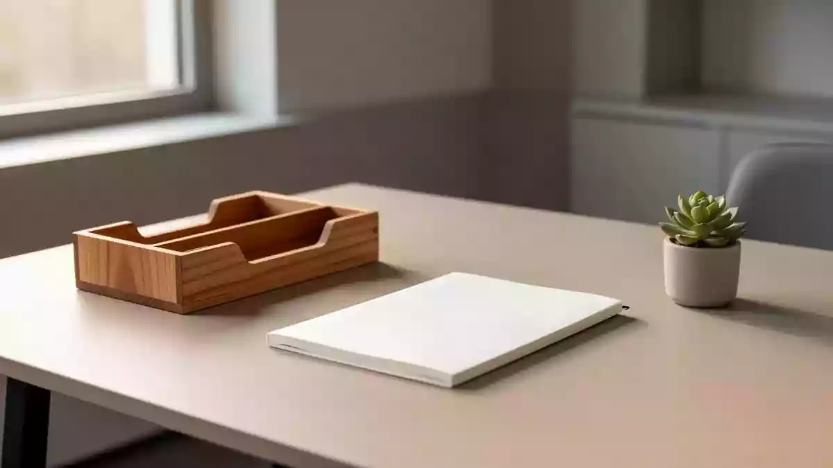 Ein minimalistischer, aufgeräumter Arbeitsplatz mit natürlichem Lichteinfall, einem Notizbuch und einer kleinen Pflanze. Illustration mit AI erstellt.