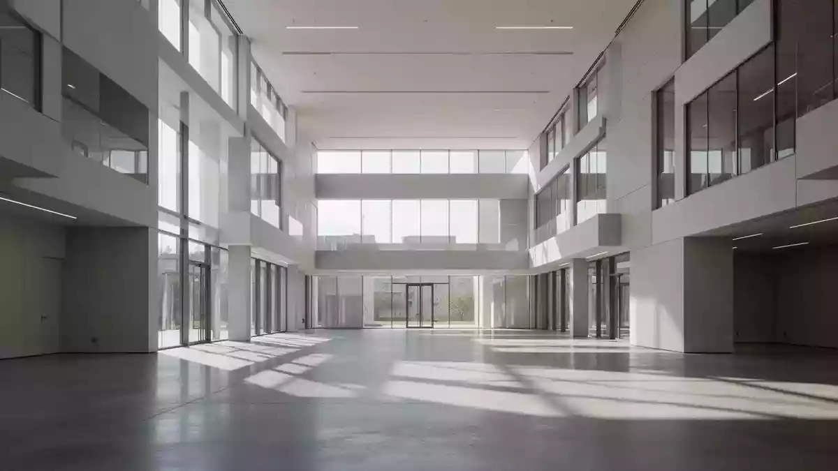 Ein minimalistisch gestaltetes, leeres Atrium in einem modernen Bürogebäude mit klaren architektonischen Linien und natürlichem Lichteinfall. Illustration mit AI erstellt.