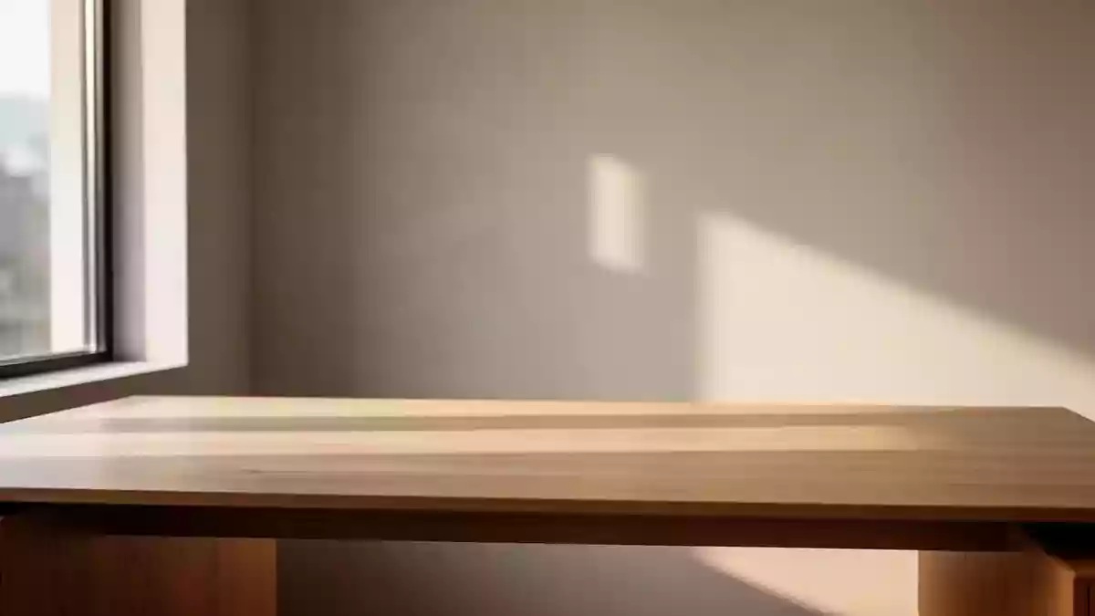 Ein minimalistischer Arbeitsbereich mit natürlichem Tageslicht auf einem leeren Holztisch in einem modernen Raum. Illustration mit AI erstellt.