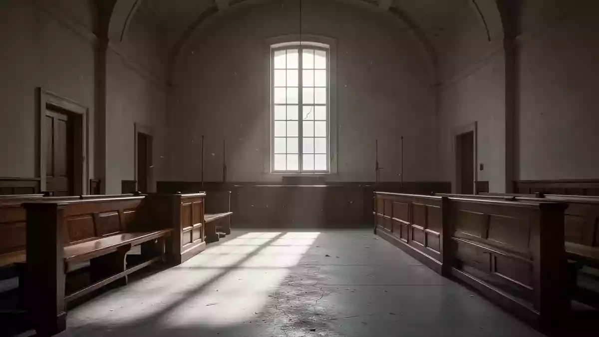 Ein minimalistisch gestalteter Gerichtssaal mit hohen Decken und einfallendem Tageslicht. Illustration mit AI erstellt.