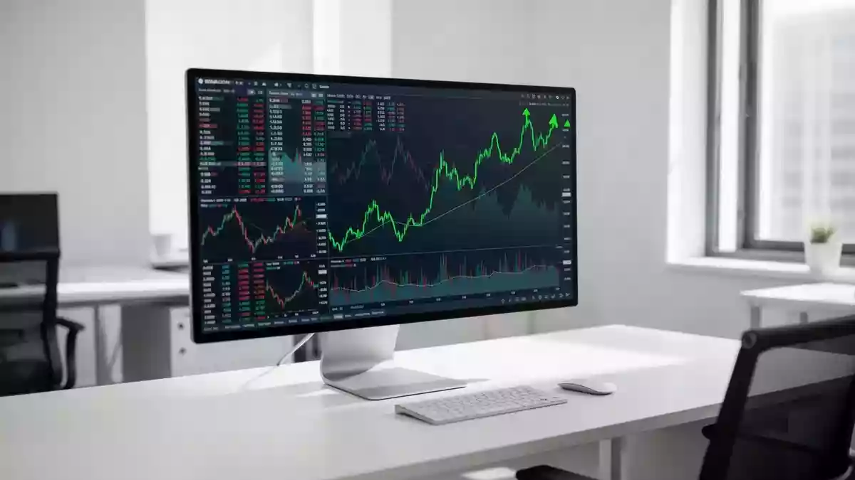 Ein moderner Schreibtisch mit einem Computerbildschirm, der abstrakte Finanzdaten und steigende Aktienkurse anzeigt. Illustration mit AI erstellt.