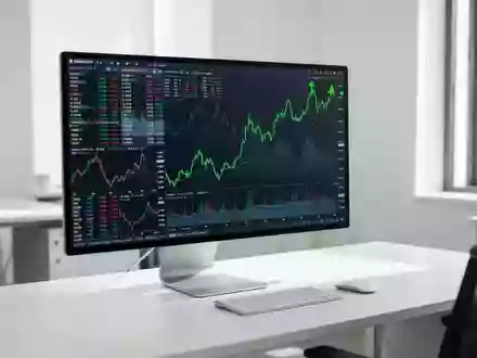 Ein moderner Schreibtisch mit einem Computerbildschirm, der abstrakte Finanzdaten und steigende Aktienkurse anzeigt. - Foto: über boerse-global.de