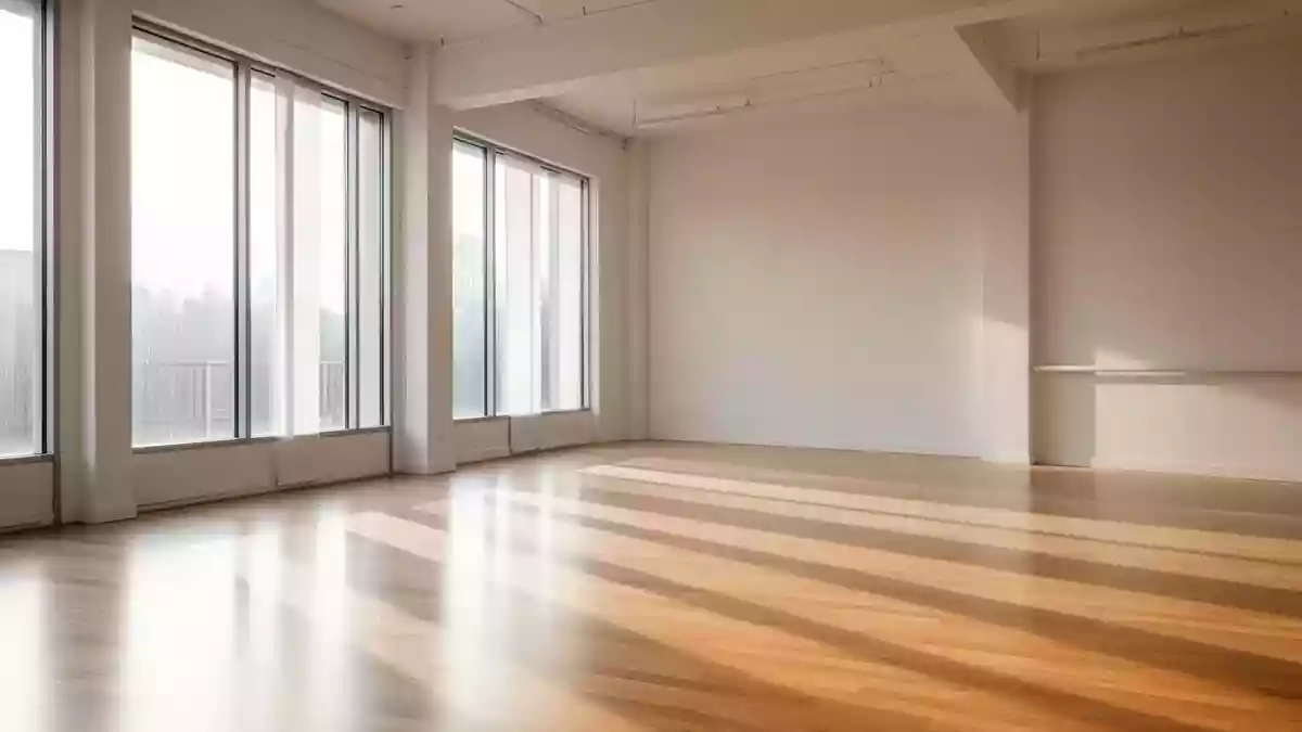 Ein heller, leerer Tanzsaal mit poliertem Holzboden und einfallendem Tageslicht. Illustration mit AI erstellt.