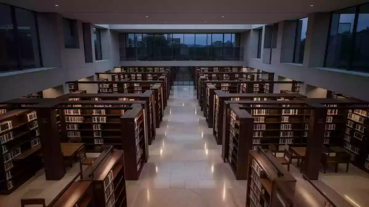 Eine ruhige, moderne wissenschaftliche Bibliothek mit dunklen Holzregalen und minimalistischer Architektur in der Dämmerung. Illustration mit AI erstellt.