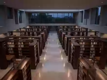 Eine ruhige, moderne wissenschaftliche Bibliothek mit dunklen Holzregalen und minimalistischer Architektur in der Dämmerung. - Foto: über boerse-global.de
