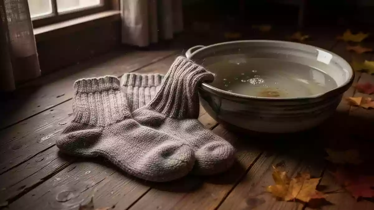 Dicke Wollsocken liegen neben einer Wasserschüssel auf einem Holzboden in einem herbstlich beleuchteten Raum. Illustration mit AI erstellt.