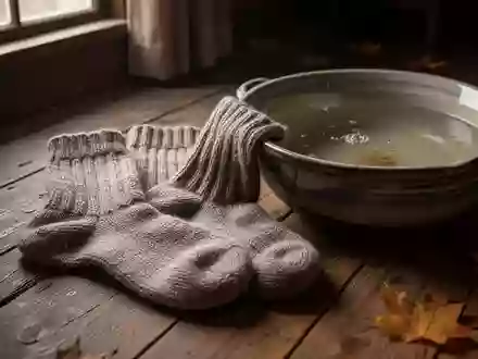 Dicke Wollsocken liegen neben einer Wasserschüssel auf einem Holzboden in einem herbstlich beleuchteten Raum. - Foto: über boerse-global.de