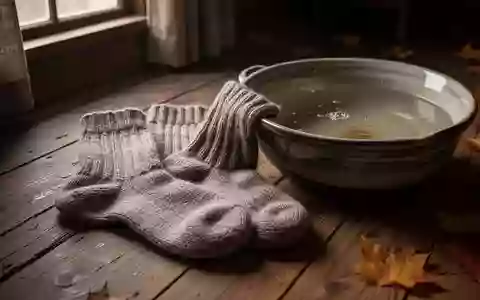 Dicke Wollsocken liegen neben einer Wasserschüssel auf einem Holzboden in einem herbstlich beleuchteten Raum. - Foto: über boerse-global.de