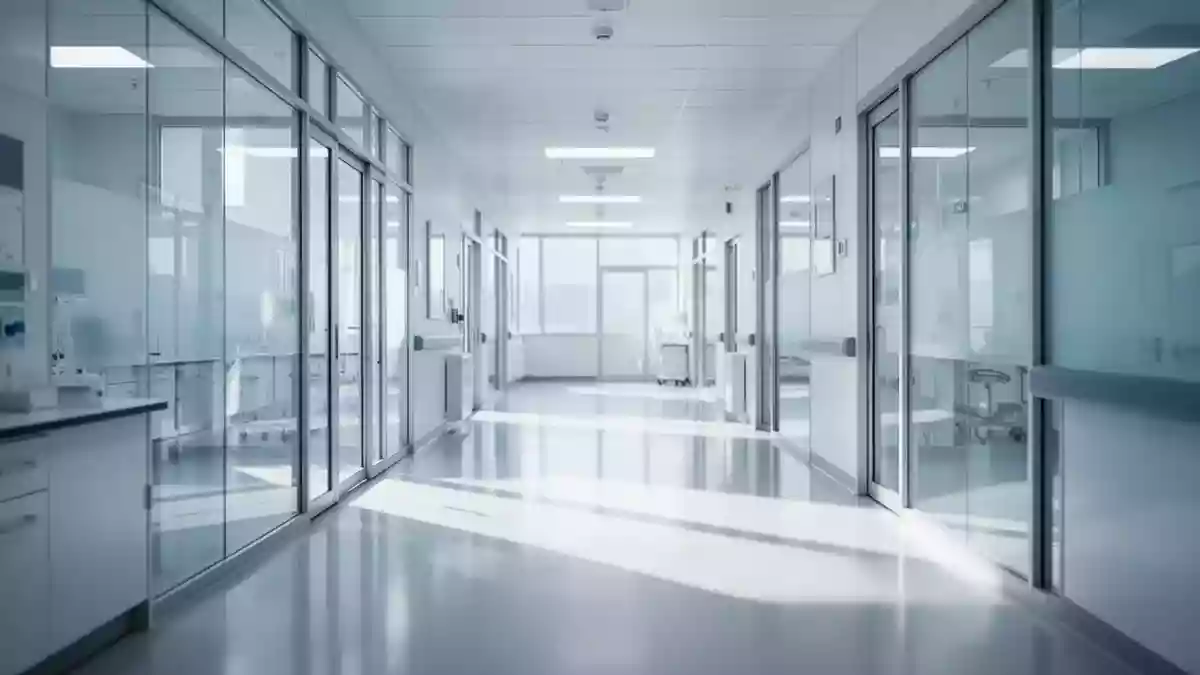 Ein heller, steriler Klinikflur mit modernen architektonischen Linien und natürlichem Lichteinfall. Illustration mit AI erstellt.