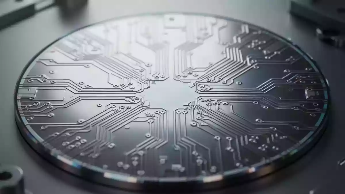 Nahaufnahme eines modernen Silizium-Wafers mit komplexen, metallischen Leiterbahnstrukturen in einer Laborumgebung. Illustration mit AI erstellt.