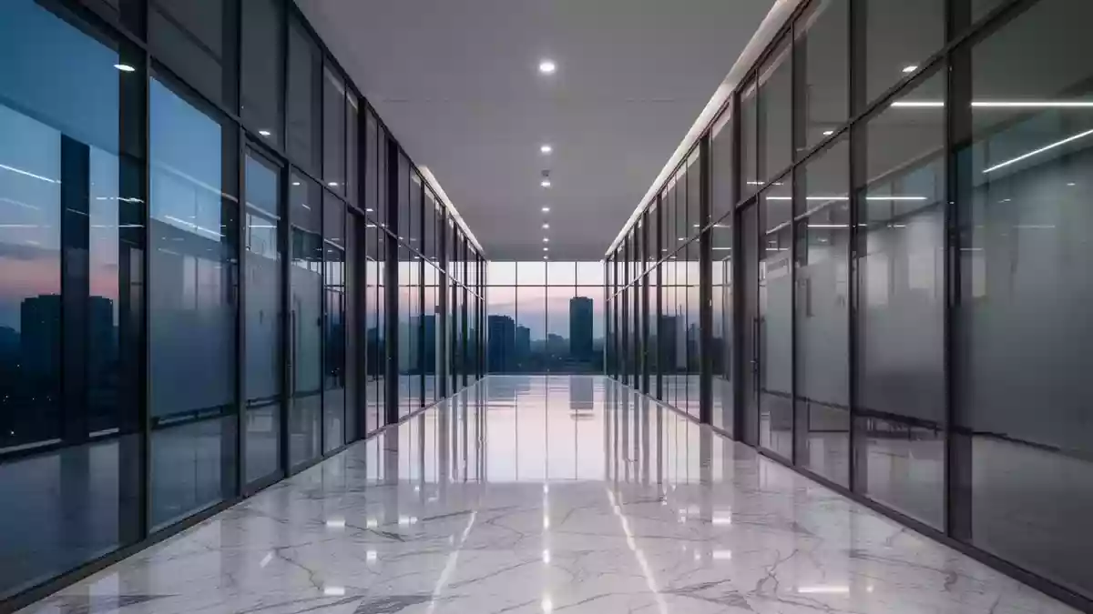 Ein leerer, moderner Büroflur aus Glas und Stahl in der Abenddämmerung mit polierten Böden und minimalistischer Architektur. Illustration mit AI erstellt.