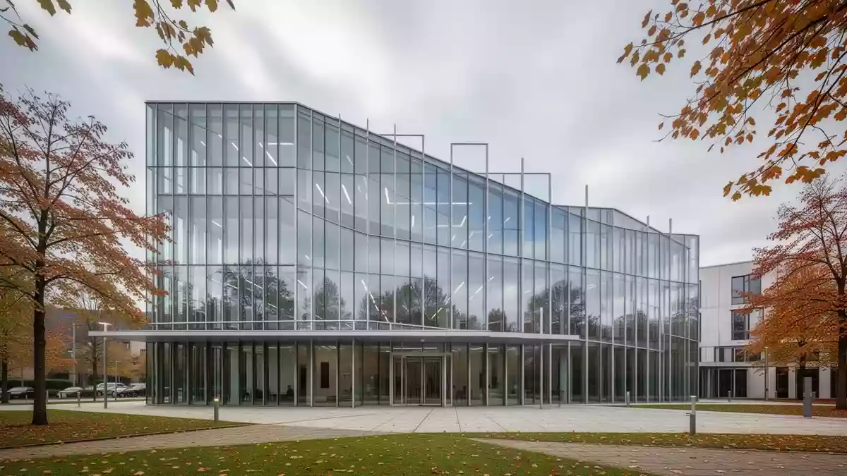 Moderne Glasfassade eines Verwaltungsgebäudes im Saarland an einem bewölkten Tag. Illustration mit AI erstellt.