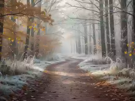 Ein herbstlicher Waldweg mit frostigem Boden und goldenem Laub im sanften Morgenlicht. - Foto: über boerse-global.de