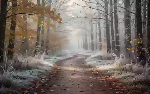 Ein herbstlicher Waldweg mit frostigem Boden und goldenem Laub im sanften Morgenlicht. - Foto: über boerse-global.de