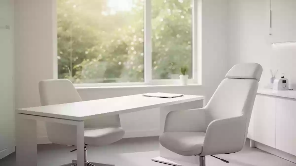 Ein heller, minimalistischer Behandlungsraum in einer Hausarztpraxis mit natürlichem Lichteinfall und moderner Einrichtung. Illustration mit AI erstellt.