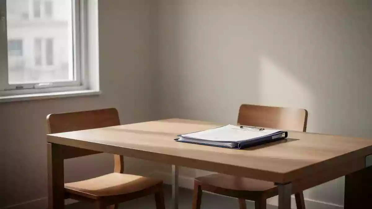 Ein minimalistisch eingerichteter, heller Behandlungsraum in einer Hausarztpraxis mit einem leeren Schreibtisch und einem geschlossenen Ordner. Illustration mit AI erstellt.