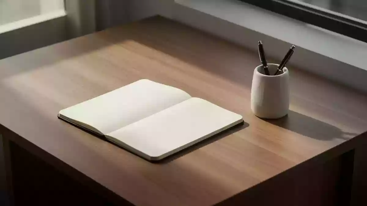 Ein aufgeräumter, minimalistischer Schreibtisch aus Holz mit einem leeren Notizbuch und einem Stiftehalter bei natürlichem Licht. Illustration mit AI erstellt.