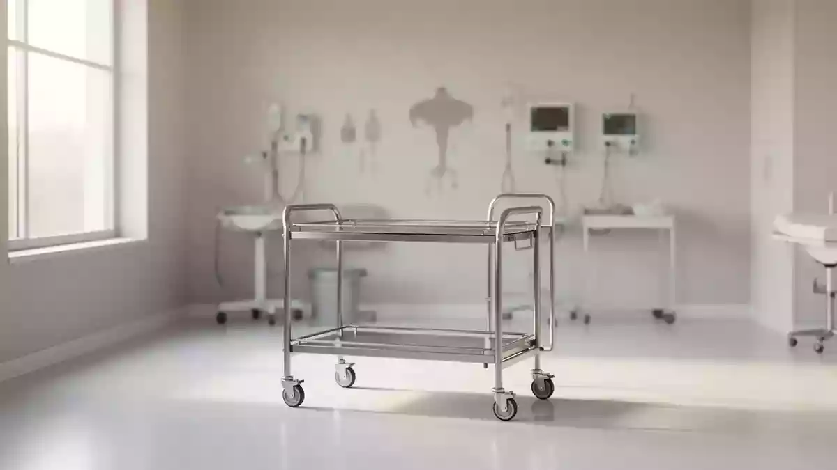 Ein minimalistischer, klinisch gestalteter Behandlungsraum mit einem leeren medizinischen Rollwagen in hellem Tageslicht. Illustration mit AI erstellt.