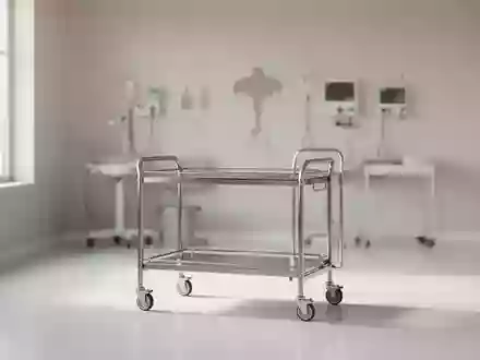 Ein minimalistischer, klinisch gestalteter Behandlungsraum mit einem leeren medizinischen Rollwagen in hellem Tageslicht. - Foto: über boerse-global.de