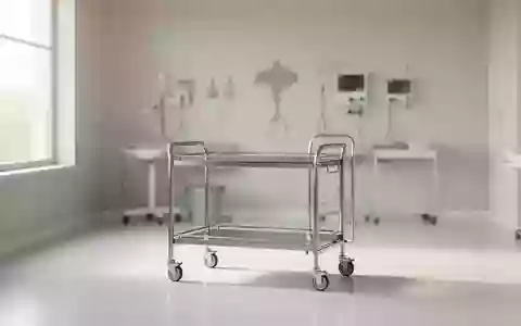 Ein minimalistischer, klinisch gestalteter Behandlungsraum mit einem leeren medizinischen Rollwagen in hellem Tageslicht. - Foto: über boerse-global.de