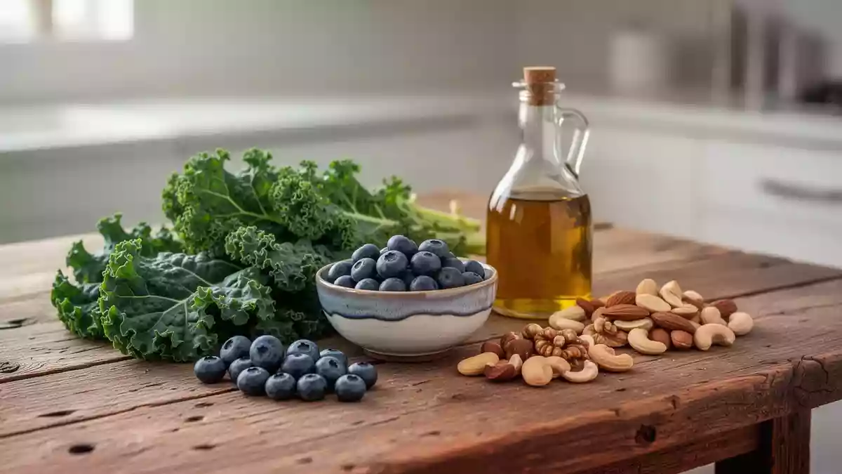 Frische Zutaten wie Grünkohl, Blaubeeren, Nüsse und Olivenöl auf einem Holztisch als Symbol für gesunde Ernährung. Illustration mit AI erstellt.