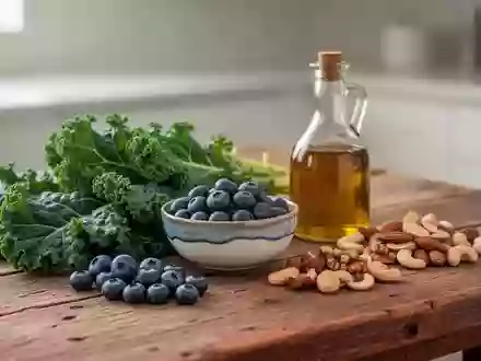 Frische Zutaten wie Grünkohl, Blaubeeren, Nüsse und Olivenöl auf einem Holztisch als Symbol für gesunde Ernährung. - Foto: über boerse-global.de