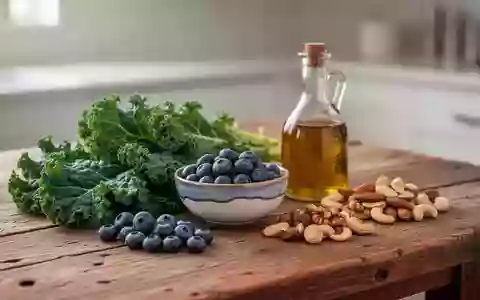 Frische Zutaten wie Grünkohl, Blaubeeren, Nüsse und Olivenöl auf einem Holztisch als Symbol für gesunde Ernährung. - Foto: über boerse-global.de