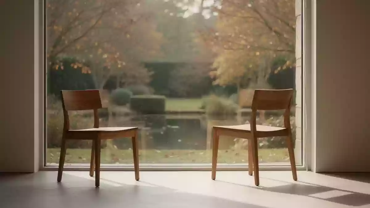 Ein minimalistisch eingerichteter Raum mit einem leeren Holzstuhl vor einem Fenster mit Blick in einen ruhigen Garten. Illustration mit AI erstellt.