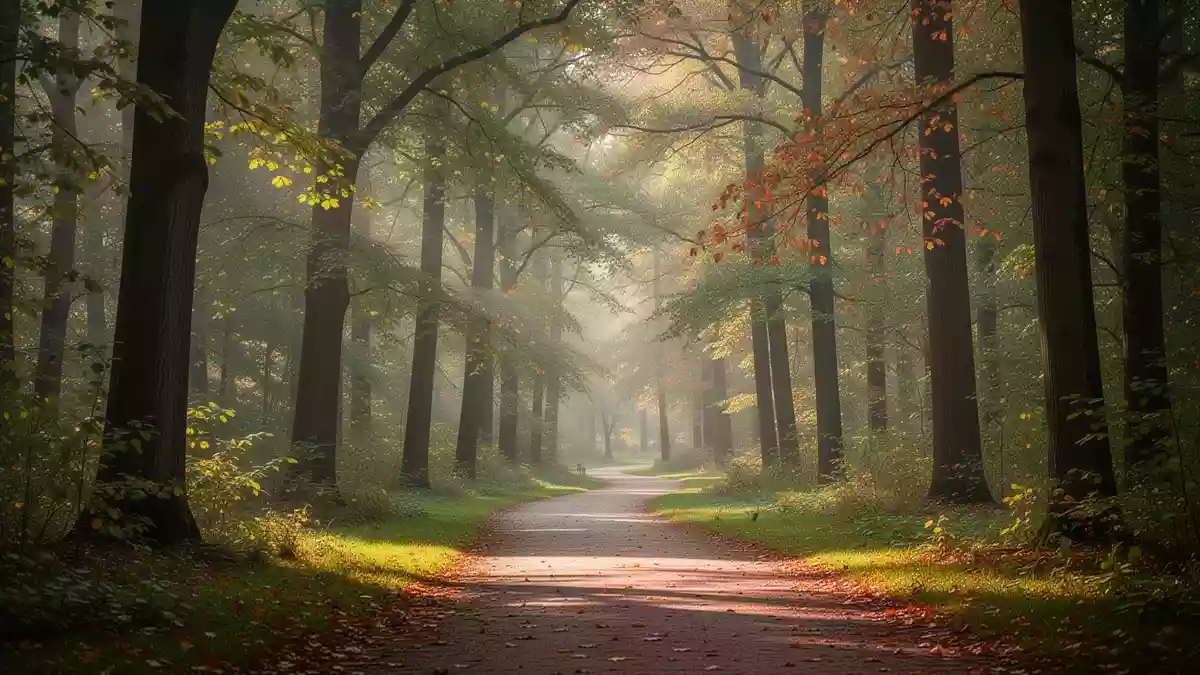Ein sonnendurchfluteter Waldweg in einem Park an einem Herbstmorgen. Illustration mit AI erstellt.