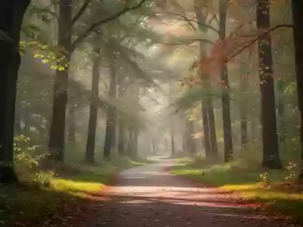 Ein sonnendurchfluteter Waldweg in einem Park an einem Herbstmorgen. - Foto: über boerse-global.de
