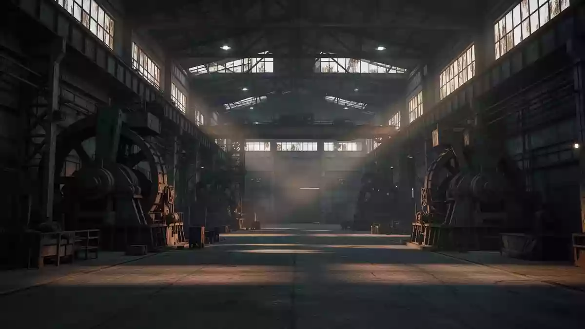 Leere, düstere Fabrikhalle mit massiven Industriemaschinen bei einfallendem Dämmerlicht. Illustration mit AI erstellt.