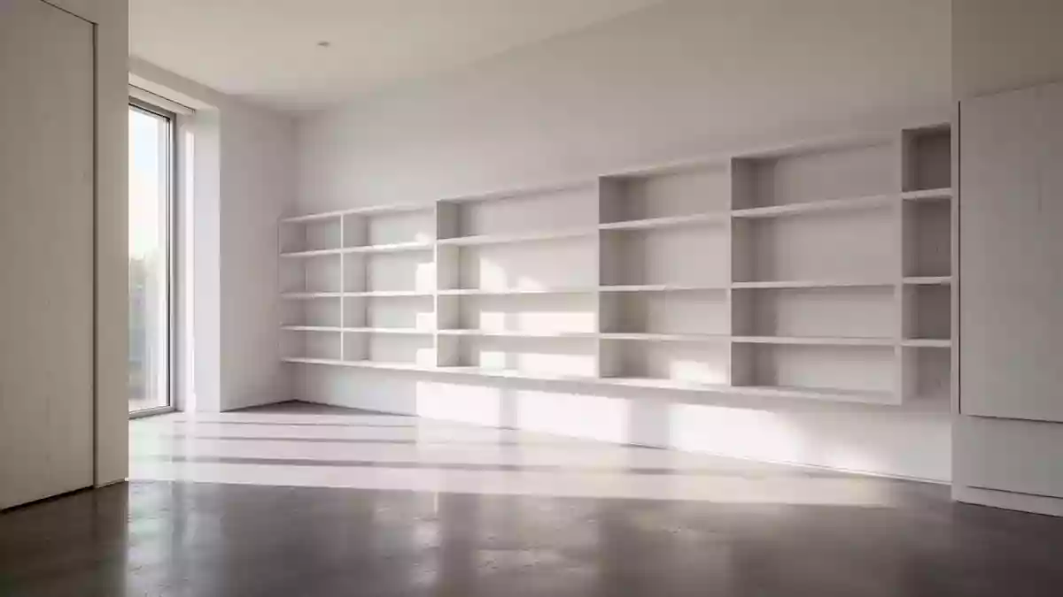 Ein minimalistischer, lichtdurchfluteter Raum mit leeren Wandregalen und poliertem Betonboden. Illustration mit AI erstellt.