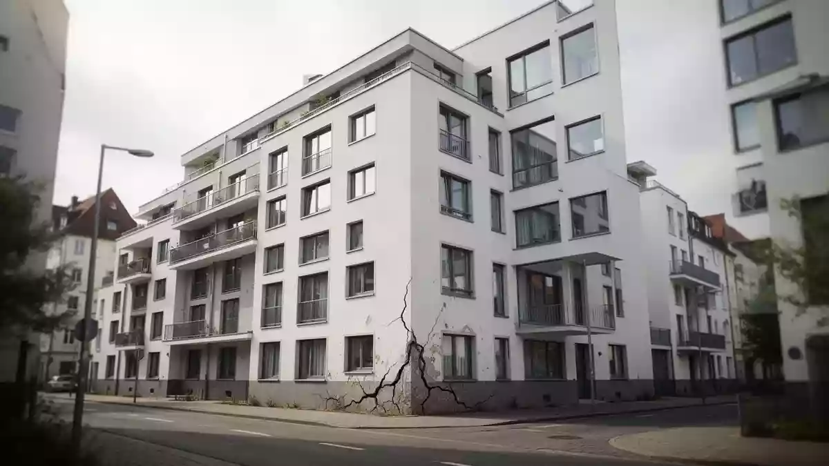 Moderne Wohnanlage mit sichtbaren Rissen in der Fassade an einem bewölkten Tag. Illustration mit AI erstellt.