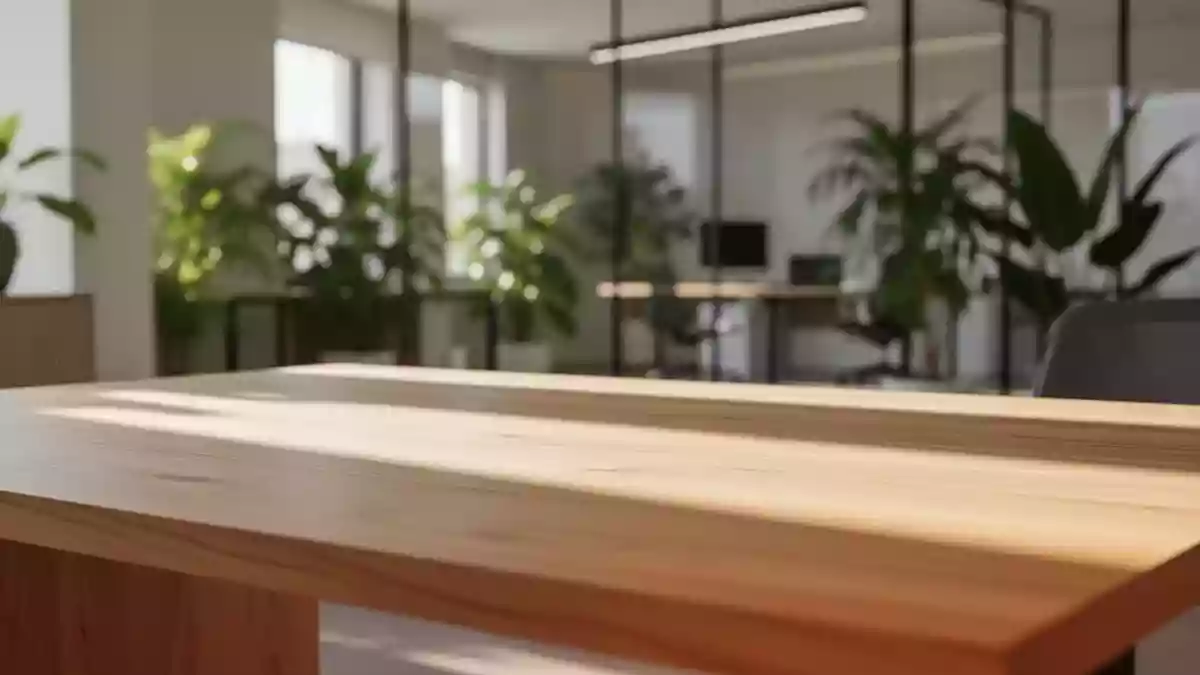 Ein minimalistischer Arbeitsplatz mit natürlichem Lichteinfall und einer ruhigen, aufgeräumten Büroumgebung. Illustration mit AI erstellt.